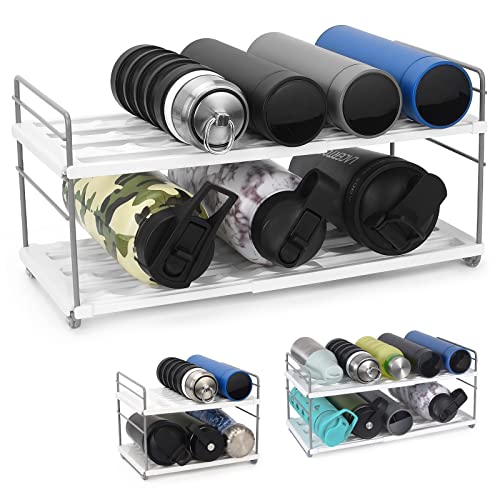 Expandable Water Bottle Organizer, Water Bottle Storage Holder Rack, Height & Width Adjustable Cup Organizer for Kitchen Cabinets, Kitchen Countertop, Pantry, Fridge, Freezer - (2 Tier 10.6 to 16.5"L)