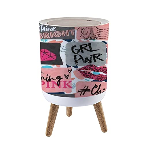 Small Trash Can with Lid for Bathroom Kitchen Office Diaper hand drawn fashion girls Colourful modern teenagers graffiti elements Bedroom Garbage Trash Bin Dog Proof Waste Basket Cute Decorative