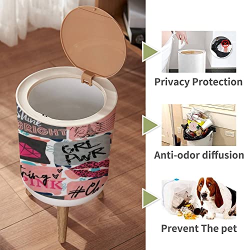 Small Trash Can with Lid for Bathroom Kitchen Office Diaper hand drawn fashion girls Colourful modern teenagers graffiti elements Bedroom Garbage Trash Bin Dog Proof Waste Basket Cute Decorative
