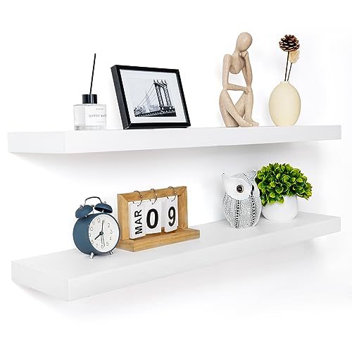 Fun Memories Floating Shelves 36 Inch Long, Rustic White Wood Shelves 8 Inch Deep, Farmhouse Large Display Wall Shelves for Bedroom, Living Room, Kitchen, Set of 2, 36" W x 8" D x 1.6" H