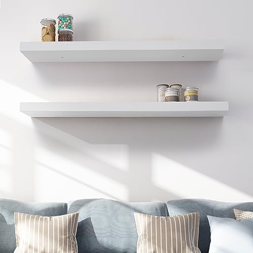 Fun Memories Floating Shelves 36 Inch Long, Rustic White Wood Shelves 8 Inch Deep, Farmhouse Large Display Wall Shelves for Bedroom, Living Room, Kitchen, Set of 2, 36" W x 8" D x 1.6" H