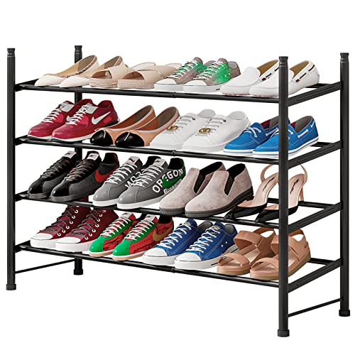 YIZAIJIA Shoe Rack Storage Organizer 4 Tier Expandable Metal Adjustable Shoe Shelf Free Standing Shoe Rack for Entryway Closet Doorway,Black