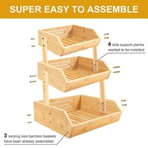 TAKEKIT Bamboo Fruit Basket, 3 Tier Fruit Basket for Kitchen, Large Capacity Produce Basket for Fruit and Vegetable Storage, Multipurpose Fruit Holder for Kitchen Countertop