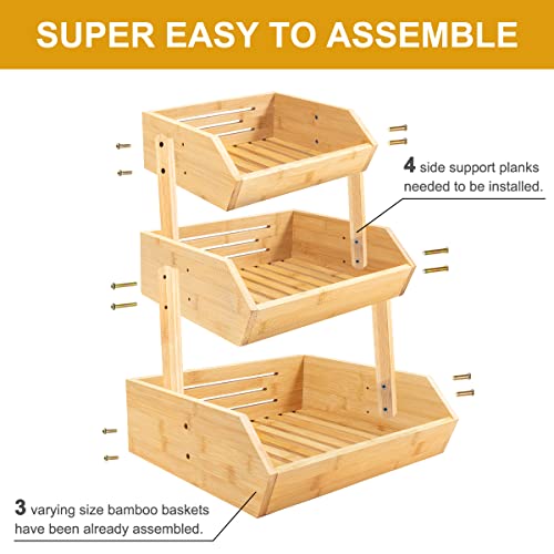 TAKEKIT Bamboo Fruit Basket, 3 Tier Fruit Basket for Kitchen, Large Capacity Produce Basket for Fruit and Vegetable Storage, Multipurpose Fruit Holder for Kitchen Countertop