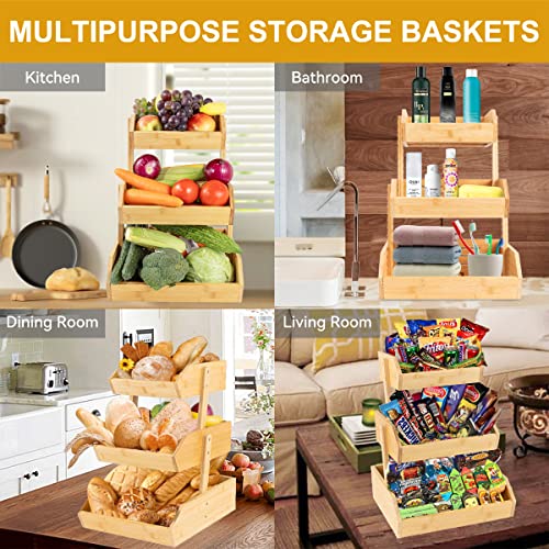 TAKEKIT Bamboo Fruit Basket, 3 Tier Fruit Basket for Kitchen, Large Capacity Produce Basket for Fruit and Vegetable Storage, Multipurpose Fruit Holder for Kitchen Countertop