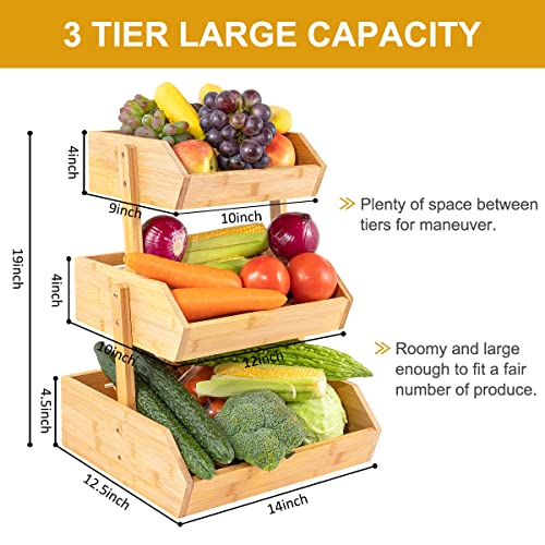 TAKEKIT Bamboo Fruit Basket, 3 Tier Fruit Basket for Kitchen, Large Capacity Produce Basket for Fruit and Vegetable Storage, Multipurpose Fruit Holder for Kitchen Countertop