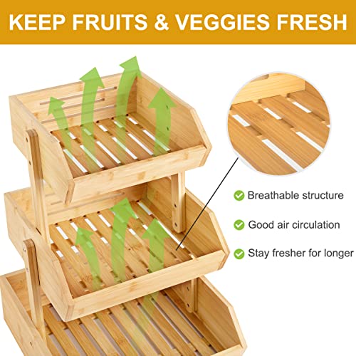 TAKEKIT Bamboo Fruit Basket, 3 Tier Fruit Basket for Kitchen, Large Capacity Produce Basket for Fruit and Vegetable Storage, Multipurpose Fruit Holder for Kitchen Countertop