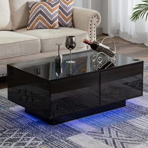 led coffee table with storage drawers, high glossy coffee table with led lights for living room, modern living room center table rectangular, black (style1, black)