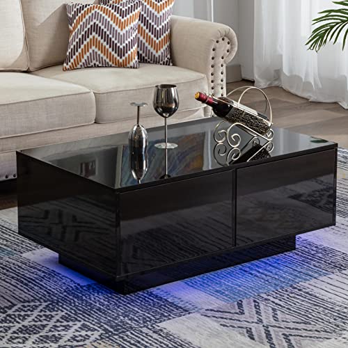 LED Coffee Table with Storage Drawers, High Glossy Coffee Table with LED Lights for Living Room, Modern Living Room Center Table Rectangular, Black (Style1, Black)