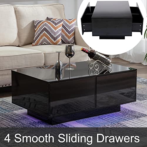 LED Coffee Table with Storage Drawers, High Glossy Coffee Table with LED Lights for Living Room, Modern Living Room Center Table Rectangular, Black (Style1, Black)