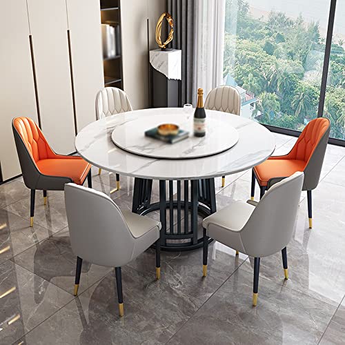 LITFAD Modern 7 Pieces Dining Table Set Round Sintered Stone Dining Table and Chairs for 6 Rotating Table for Dining Room Restaurant - 7 Pieces: White Table with 4 White and 2 Orange Chairs…