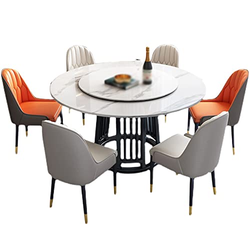 LITFAD Modern 7 Pieces Dining Table Set Round Sintered Stone Dining Table and Chairs for 6 Rotating Table for Dining Room Restaurant - 7 Pieces: White Table with 4 White and 2 Orange Chairs…