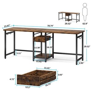 Tribesigns 78’’ Two Person Desk with 2 Drawers, Long Double Computer Desk Gaming Table with Shelves, Industrial Study Writing Table Workstation for Home Office, Rustic Brown