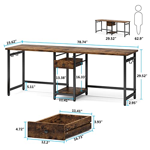 Tribesigns 78’’ Two Person Desk with 2 Drawers, Long Double Computer Desk Gaming Table with Shelves, Industrial Study Writing Table Workstation for Home Office, Rustic Brown