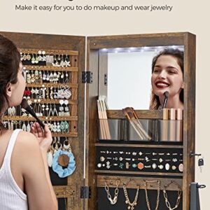 SONGMICS LED Cabinet Standing, Lockable Jewelry Armoire with Full-Length Mirror, Space-Saving Jewelry Organizer with Mirror, Bottom Drawer and Shelf, Gift Idea, Rustic Brown UJJC025X01