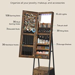 SONGMICS LED Cabinet Standing, Lockable Jewelry Armoire with Full-Length Mirror, Space-Saving Jewelry Organizer with Mirror, Bottom Drawer and Shelf, Gift Idea, Rustic Brown UJJC025X01