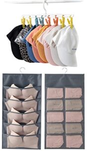 durable hanging closet organizer for underwear double sided with mesh pockets& hat storage 8 hat storage clips for hat rack for baseball caps hat organizer holder (gray&white, bra&hat storage)