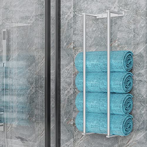 Birosnsy Towel Racks for Bathroom Wall Mounted Rolled Towel Holders Towel Storage Organizer for Small Bathroom Mounted Towel Rack Holds Hand Towels Robes Towels Washcloths in Bathroom/RV/Camper Silver