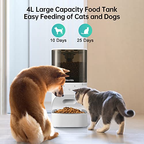 Nevido Automatic Cat Feeders,2.4G Wi-Fi Automatic Dog Feeder with App Control,Stainless Steel Bowl,Timed Smart Pet Feeder with Desiccant Bag,Up to 20 Portions 10 Meals Per Day & 30s Voice Recorder,4L