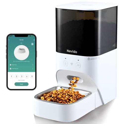 Nevido Automatic Cat Feeders,2.4G Wi-Fi Automatic Dog Feeder with App Control,Stainless Steel Bowl,Timed Smart Pet Feeder with Desiccant Bag,Up to 20 Portions 10 Meals Per Day & 30s Voice Recorder,4L