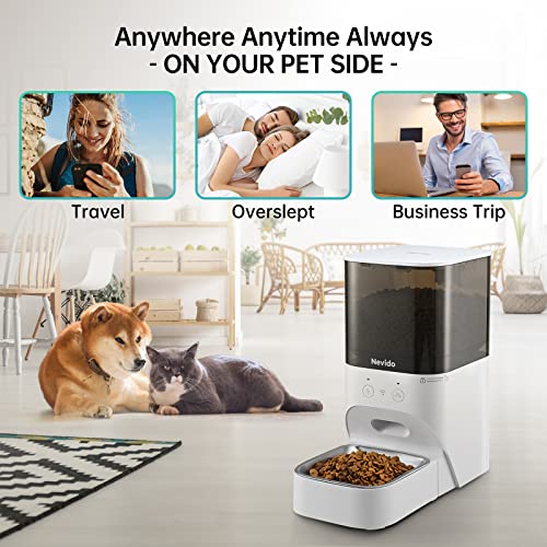 Nevido Automatic Cat Feeders,2.4G Wi-Fi Automatic Dog Feeder with App Control,Stainless Steel Bowl,Timed Smart Pet Feeder with Desiccant Bag,Up to 20 Portions 10 Meals Per Day & 30s Voice Recorder,4L