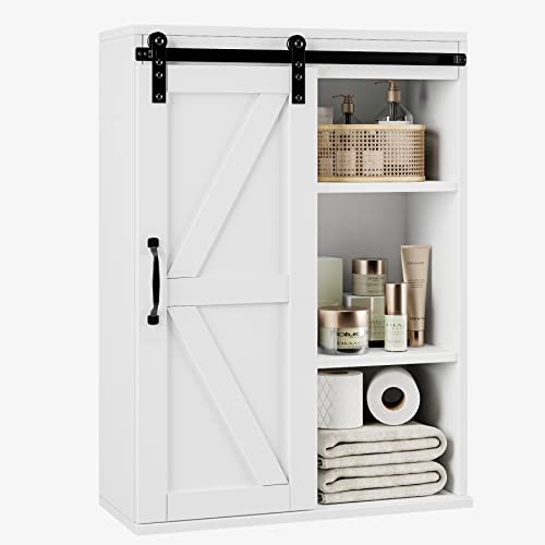 HOSTACK Bathroom Cabinet Wall Mounted, Farmhouse Medicine Cabinet with Sliding Barn Door & Adjustable Shelf, Over The Toilet Storage Cabinet for Bathroom Laundry Room Kitchen, White