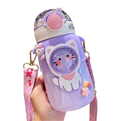 KHWABEEDA Cute Water Bottle with Straw Kawaii Reusable Jug Strap for Boys Girls Kids Stainless Steel, Leak-Proof, Insulated Aesthetic Space Animals Astronaut Cup School (Purple) (WBHTLZHPOQ)