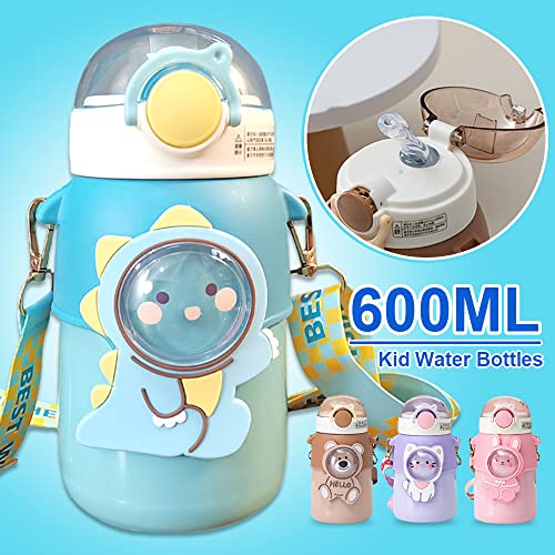 KHWABEEDA Cute Water Bottle with Straw Kawaii Reusable Jug Strap for Boys Girls Kids Stainless Steel, Leak-Proof, Insulated Aesthetic Space Animals Astronaut Cup School (Purple) (WBHTLZHPOQ)