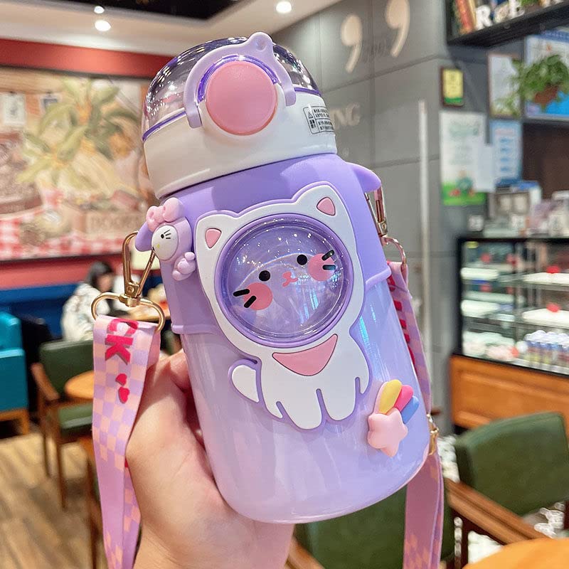 KHWABEEDA Cute Water Bottle with Straw Kawaii Reusable Jug Strap for Boys Girls Kids Stainless Steel, Leak-Proof, Insulated Aesthetic Space Animals Astronaut Cup School (Purple) (WBHTLZHPOQ)