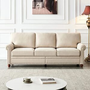 dnchuan 3 seater sofa couch,fabric with nails style and wood legs/easy assembly,beige