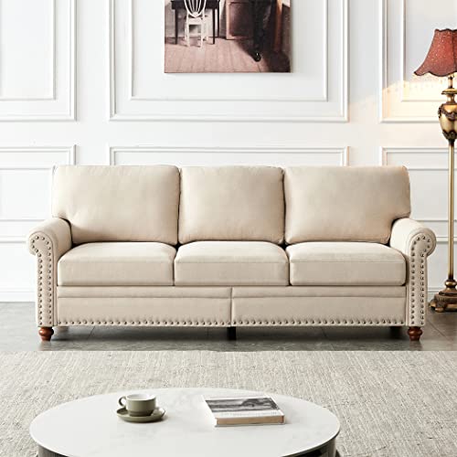 DNChuan 3 Seater Sofa Couch,Fabric with Nails Style and Wood Legs/Easy Assembly,Beige