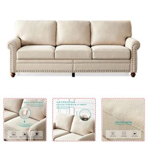 DNChuan 3 Seater Sofa Couch,Fabric with Nails Style and Wood Legs/Easy Assembly,Beige