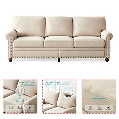 DNChuan 3 Seater Sofa Couch,Fabric with Nails Style and Wood Legs/Easy Assembly,Beige