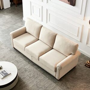DNChuan 3 Seater Sofa Couch,Fabric with Nails Style and Wood Legs/Easy Assembly,Beige