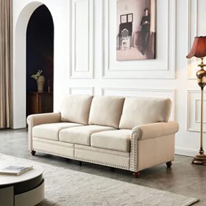 DNChuan 3 Seater Sofa Couch,Fabric with Nails Style and Wood Legs/Easy Assembly,Beige