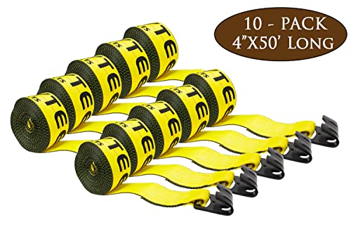 Mytee Products Truck Winch Straps 4" x 50' Yellow Heavy Duty Tie Down with Flat Hooks WLL# 5400 lbs | 4 Inch Cargo Control for Flatbed Truck Utility Trailer (10 Pack)