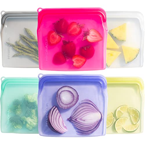 Premium Platinum Silicone [6 PACK] Reusable Food Storage Bags, 30 ounces, Press to Lock, Stash Snacks & Meal Prep, Sandwich Size, Microwave, Oven, & Freezer Safe.