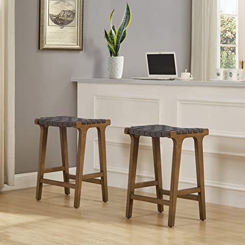 Ball & Cast Woven Strips Counter Height Bar Stools 24" H Backless Stool Chair, Dark Grey Faux Leather