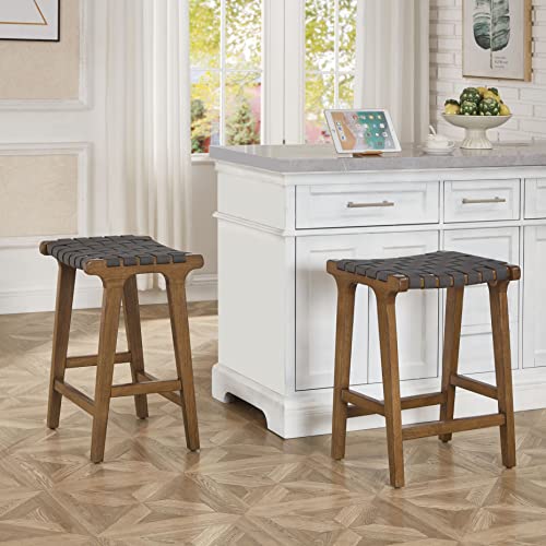 Ball & Cast Woven Strips Counter Height Bar Stools 24" H Backless Stool Chair, Dark Grey Faux Leather