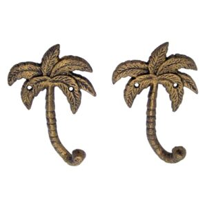 Palm Tree Cast Iron Wall Hooks, Wall Mounted for Hanging Coats, Purses, Towels, Hats, Beach Themed Wall Décor, Set of 2, 6.5 Inches High (Gold Toned)