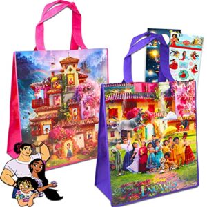 beach kids encanto tote bag - bundle with 2 pc encanto tote bags medium/large, stickers, more (disney encanto party favors bags)