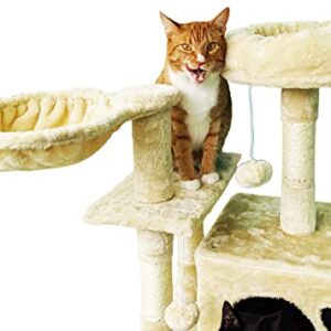 Beige Cat Tree Tower for Indoor Cats & Kittens, 57" Tall Multi-Level with Comfy Perch & Basket, Hideaway Condo, Sisel Scratcher Posts & Ladder, Ball Toys, & Dangling Rope - by SciencePurchase