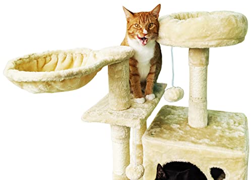 Beige Cat Tree Tower for Indoor Cats & Kittens, 57" Tall Multi-Level with Comfy Perch & Basket, Hideaway Condo, Sisel Scratcher Posts & Ladder, Ball Toys, & Dangling Rope - by SciencePurchase