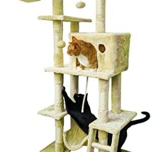 Beige Cat Tree Tower for Indoor Cats & Kittens, 57" Tall Multi-Level with Comfy Perch & Basket, Hideaway Condo, Sisel Scratcher Posts & Ladder, Ball Toys, & Dangling Rope - by SciencePurchase