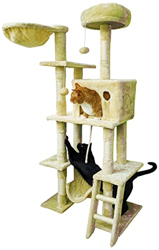 Beige Cat Tree Tower for Indoor Cats & Kittens, 57" Tall Multi-Level with Comfy Perch & Basket, Hideaway Condo, Sisel Scratcher Posts & Ladder, Ball Toys, & Dangling Rope - by SciencePurchase