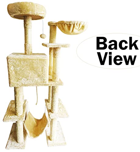 Beige Cat Tree Tower for Indoor Cats & Kittens, 57" Tall Multi-Level with Comfy Perch & Basket, Hideaway Condo, Sisel Scratcher Posts & Ladder, Ball Toys, & Dangling Rope - by SciencePurchase