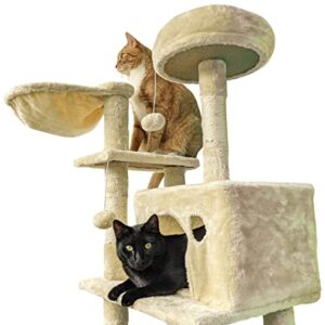 Beige Cat Tree Tower for Indoor Cats & Kittens, 57" Tall Multi-Level with Comfy Perch & Basket, Hideaway Condo, Sisel Scratcher Posts & Ladder, Ball Toys, & Dangling Rope - by SciencePurchase