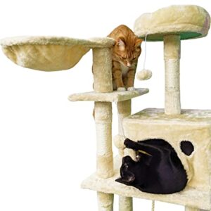 Beige Cat Tree Tower for Indoor Cats & Kittens, 57" Tall Multi-Level with Comfy Perch & Basket, Hideaway Condo, Sisel Scratcher Posts & Ladder, Ball Toys, & Dangling Rope - by SciencePurchase