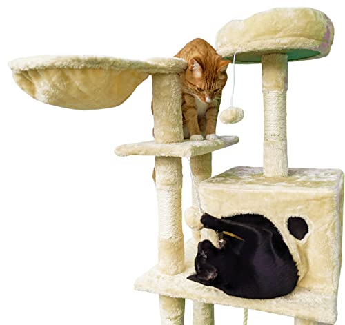 Beige Cat Tree Tower for Indoor Cats & Kittens, 57" Tall Multi-Level with Comfy Perch & Basket, Hideaway Condo, Sisel Scratcher Posts & Ladder, Ball Toys, & Dangling Rope - by SciencePurchase