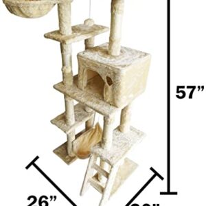 Beige Cat Tree Tower for Indoor Cats & Kittens, 57" Tall Multi-Level with Comfy Perch & Basket, Hideaway Condo, Sisel Scratcher Posts & Ladder, Ball Toys, & Dangling Rope - by SciencePurchase